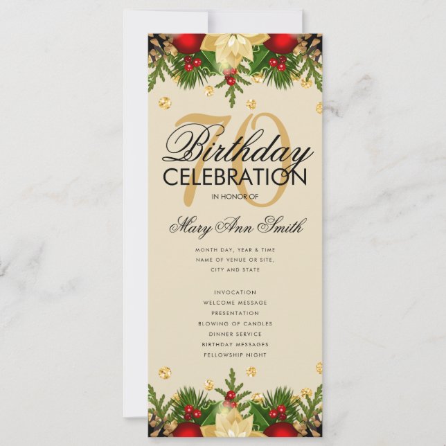 Holiday 70th Birthday Party Program Gold w/ Menu (Front)