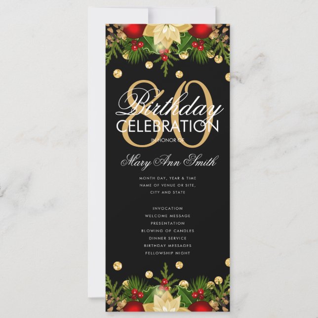 Holiday 80th Birthday Party Program Gold w/ Menu (Front)