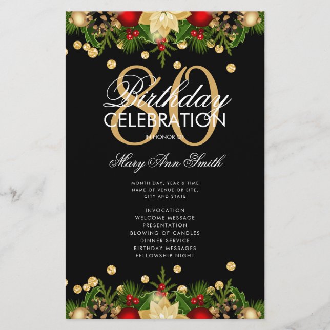 Holiday 80th Birthday Party Program Gold w/ Menu (Front)