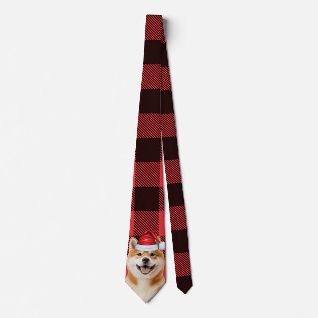 Holiday Akita Dog Red Buffalo Plaid Christmas Tie (Front)