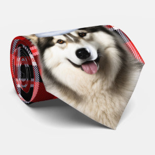 Holiday Alaskan Malamute Red White Plaid Christmas Tie