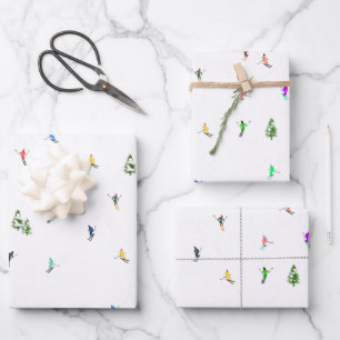 Holiday Alpine Skiers Skiing Illustration  Wrapping Paper Sheet