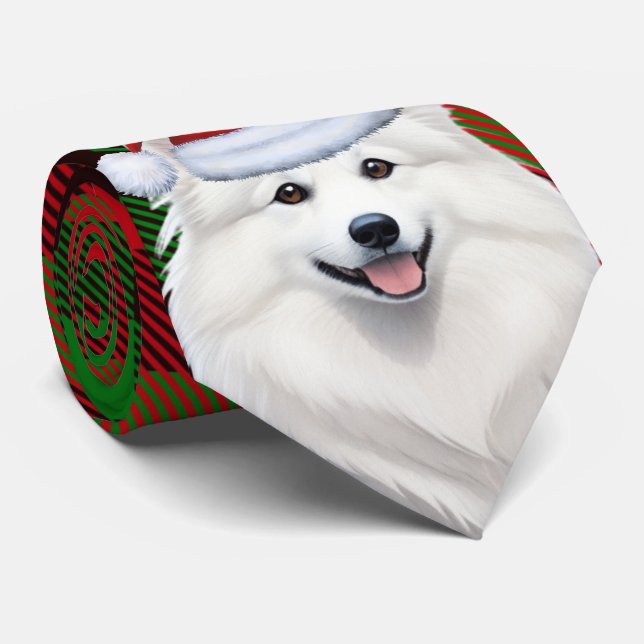 Holiday American Eskimo Dog Plaid Christmas Tie (Rolled)