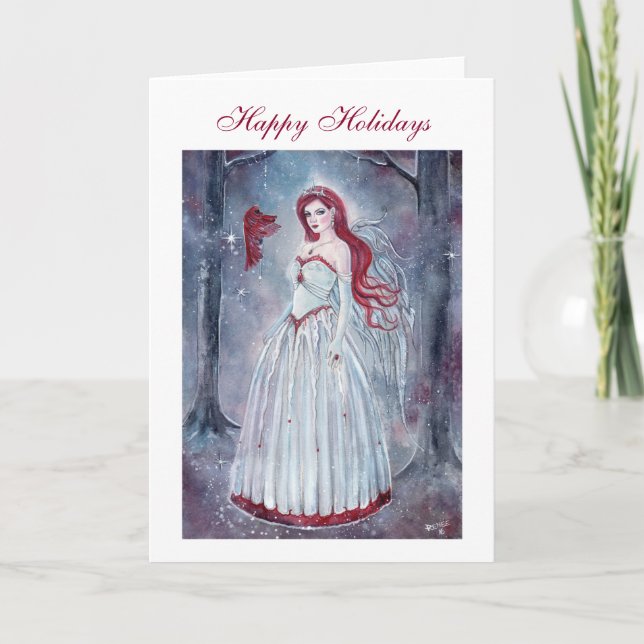Holiday angel with cardinal card by Renee Lavoie (Front)