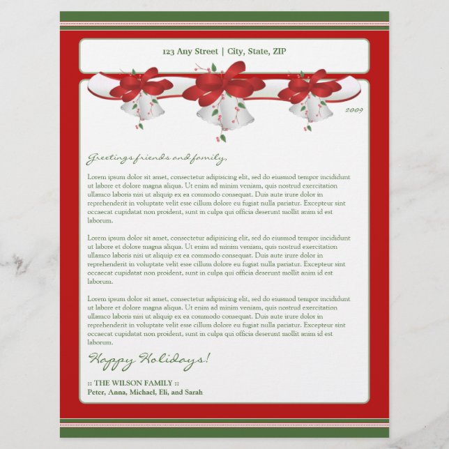 Holiday Annual Newsletter Letterhead: holly bells Letterhead Template (Front)