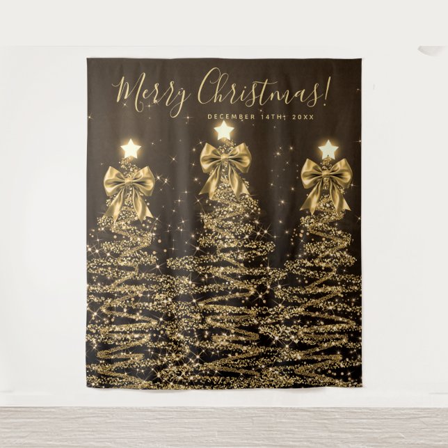 Holiday Backdrop Gold Christmas Trees w/ Bows Tapestry (Front)