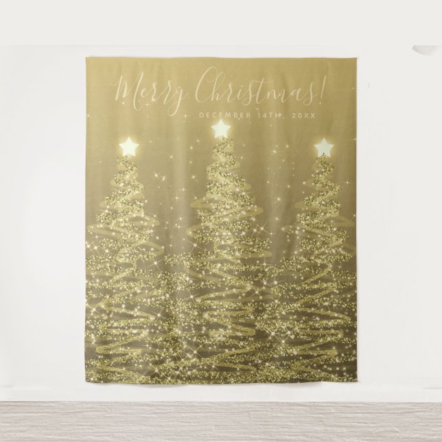 Holiday Backdrop Gold Merry Christmas Trees Tapestry (Front)