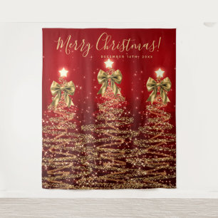 Holiday Backdrop Gold Red Christmas Trees w/ Bows Tapestry
