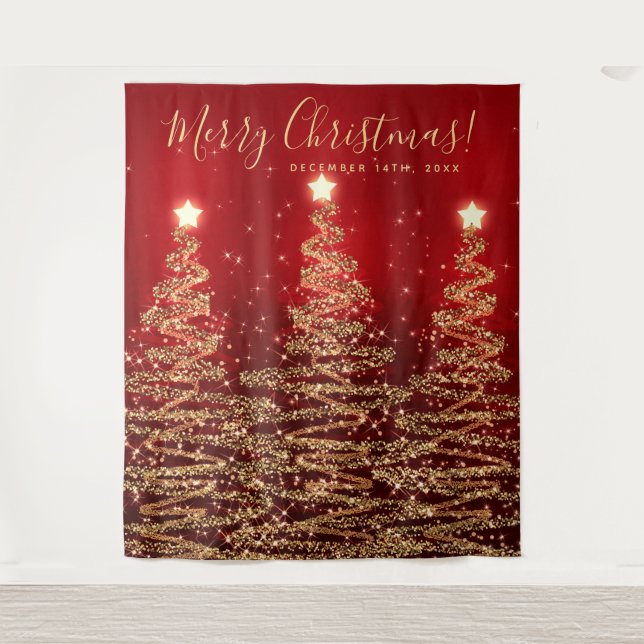 Holiday Backdrop Gold Red Merry Christmas Trees Tapestry (Front)