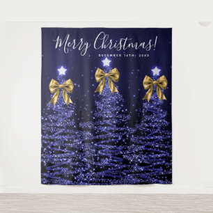 Holiday Backdrop Navy Blue Christmas Trees Gold Tapestry
