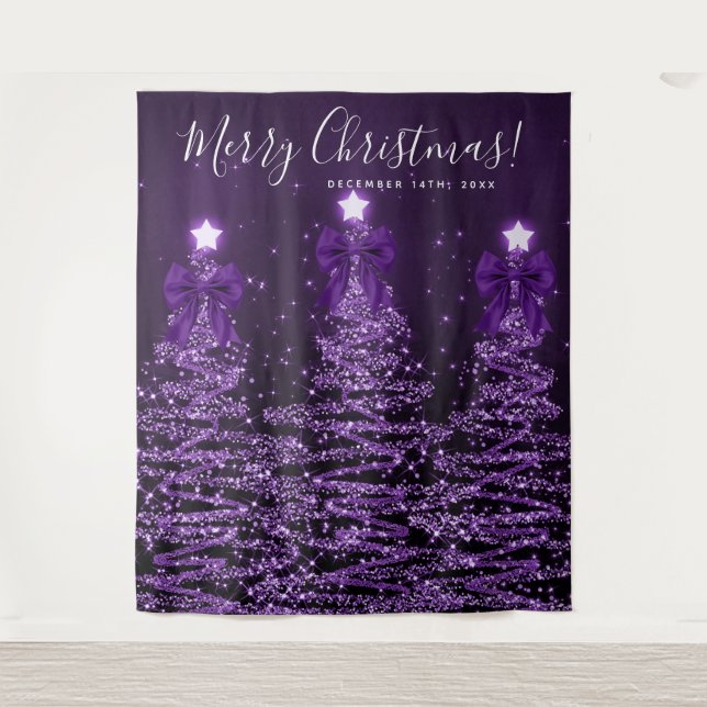 Holiday Backdrop Purple Christmas Trees Bows Tapestry (Front)