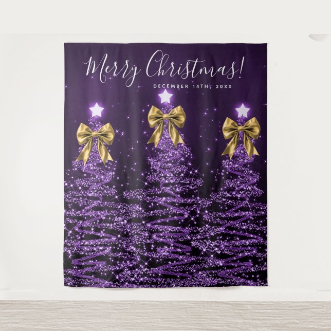Holiday Backdrop Purple Christmas Trees Gold Bows Tapestry (Front)