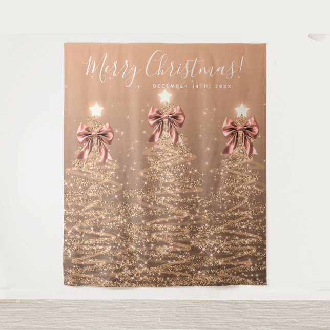 Holiday Backdrop Rose Gold Christmas Trees Bows Tapestry (Front)