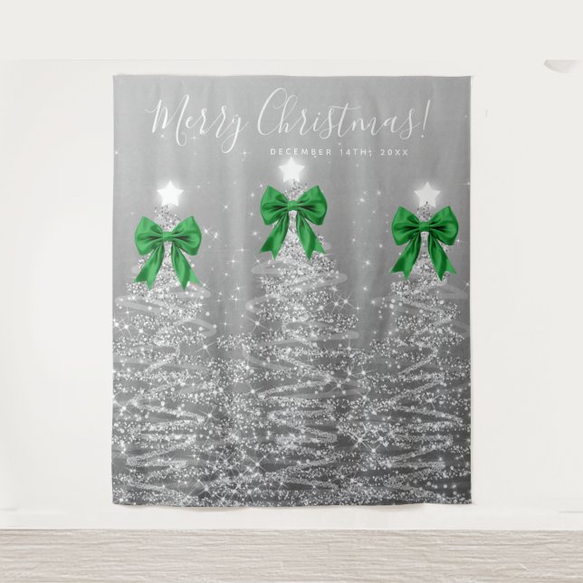 Holiday Backdrop Silver Christmas Trees Green Bows Tapestry (Front)