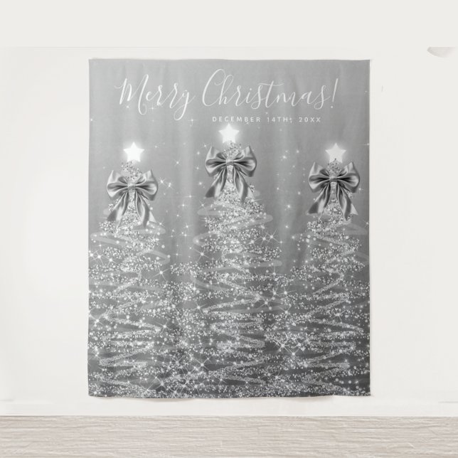 Holiday Backdrop Silver Christmas Trees w/ Bows Tapestry (Front)