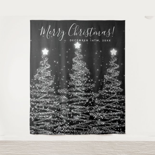 Holiday Backdrop Silver Merry Christmas Trees Tapestry (Front)