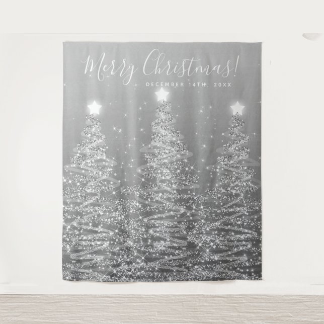 Holiday Backdrop Silver Merry Christmas Trees Tapestry (Front)