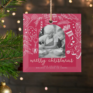 Holiday Baking Red Hand Drawn Christmas Photo Glass Tree Decoration