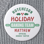 Holiday Baking Team Christmas Cookie Party Cute 7.5 Cm Round Badge<br><div class="desc">Celebrate time together at home in the kitchen with a custom Holiday Baking Team button. All text on this template is simple to customise. The red, green and white design features a cute rolling pin, holly leaves and berries, family name, and optional funny title. Add a funny personalised touch to...</div>