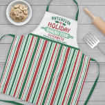 Holiday Baking Team Christmas Cookie Party Green Apron<br><div class="desc">Celebrate time together at home in the kitchen with a custom red & green striped Holiday Baking Team apron. All text on this template is simple to customise. The design features red, green and white vertical stripes, cute holly leaves and berries, rolling pin, family name, and optional funny title. Add...</div>