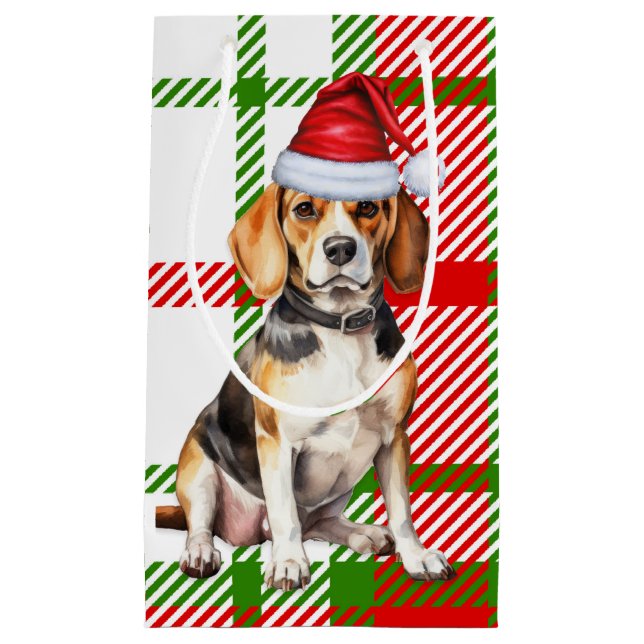 Holiday Beagle Dog and Plaid Christmas Small Gift Bag (Front)