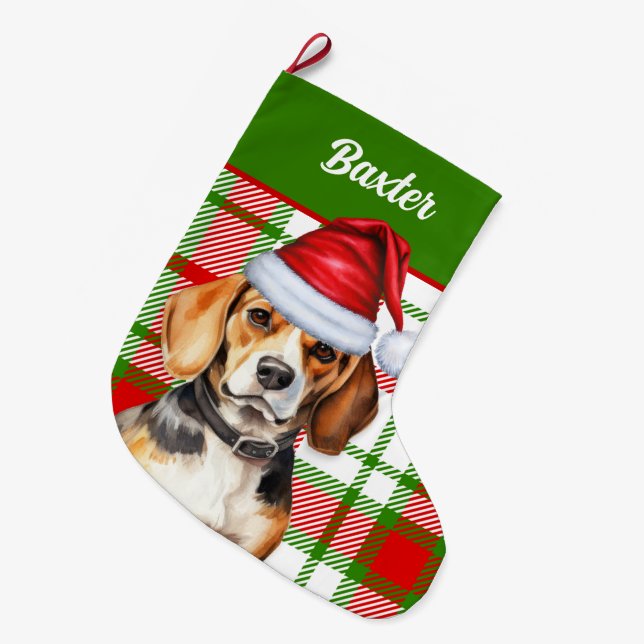 Holiday Beagle Red Green Plaid with Dog's Name Large Christmas Stocking (Front (Hanging))