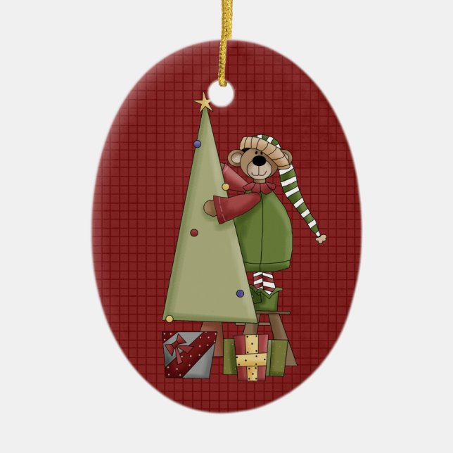 Holiday Bear Ceramic Christmas Ornament (Front)