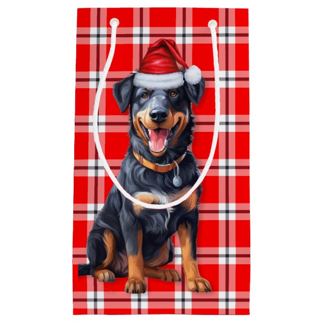 Holiday Beauceron Dog and Red Plaid Christmas Small Gift Bag (Front)