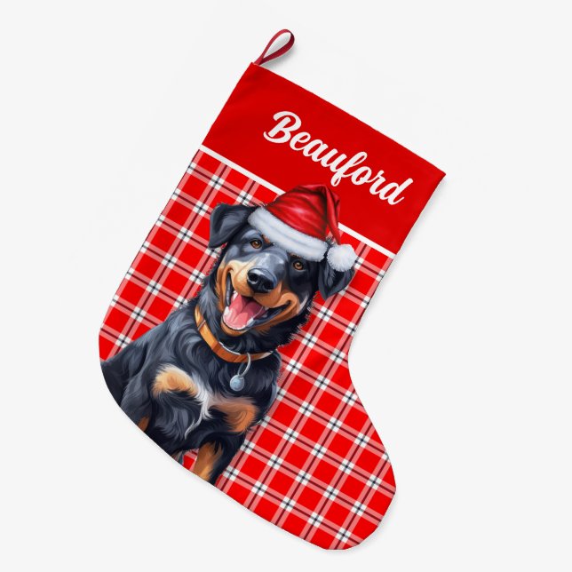 Holiday Beauceron Red Plaid with Dog's Name Large Christmas Stocking (Front (Hanging))