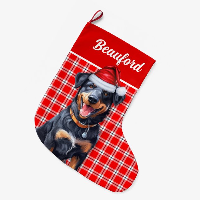 Holiday Beauceron Red Plaid with Dog's Name Large Christmas Stocking (Front (Hanging))