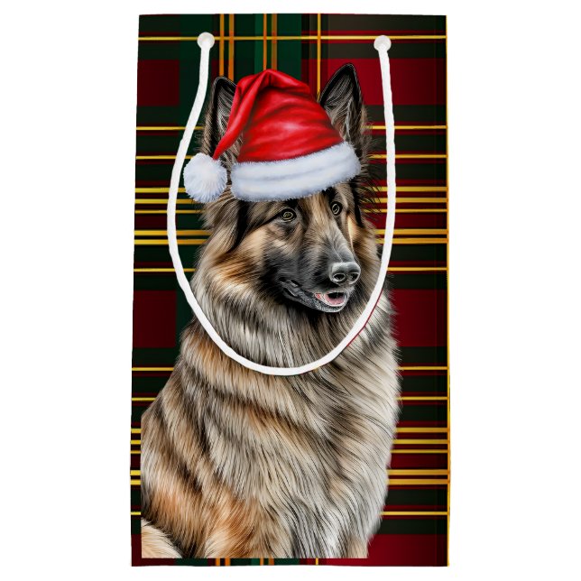 Holiday Belgian Tervuren Dog Fun Plaid Christmas Small Gift Bag (Front)