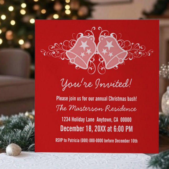 Holiday Bells and Swirls Invite, Red Invitation (Red Holiday Bells and Swirls Christmas Party Invitation)