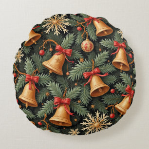 Holiday Bells, Decorative Christmas Pattern, Round Cushion