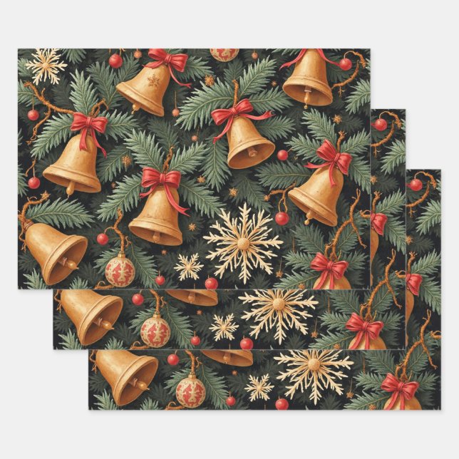 Holiday Bells, Decorative Christmas Pattern, Wrapping Paper Sheet (Set)