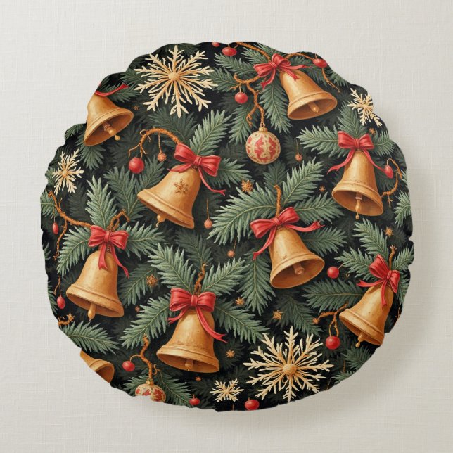 Holiday Bells, decorative pattern. Round Cushion (Front)