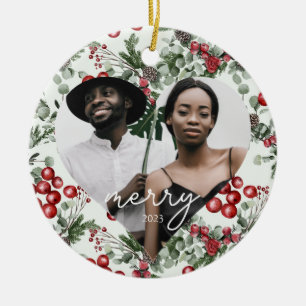 Holiday Berries and Greenery Heart Photo Ceramic Ornament