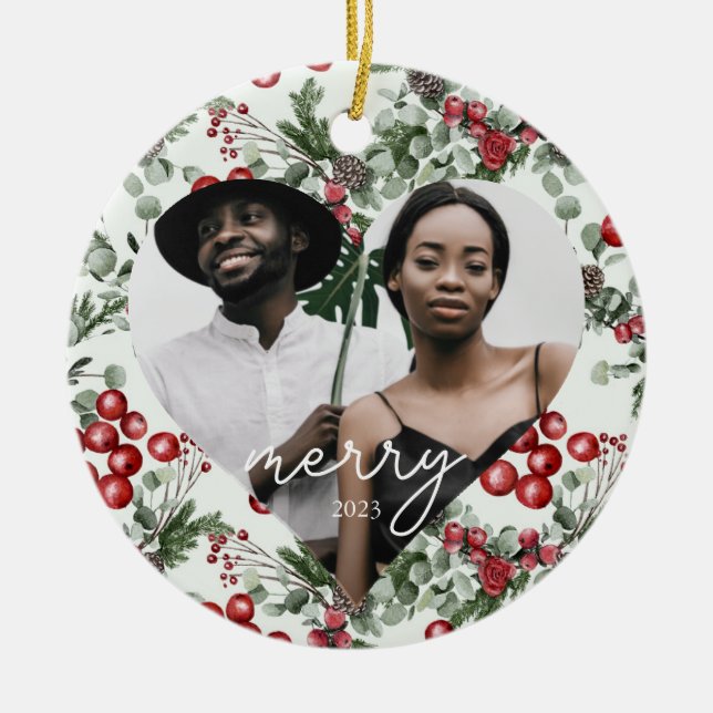 Holiday Berries and Greenery Heart Photo Ceramic Ornament (Front)