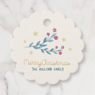 Holiday Berries and Stars Gold Christmas Favour Tags