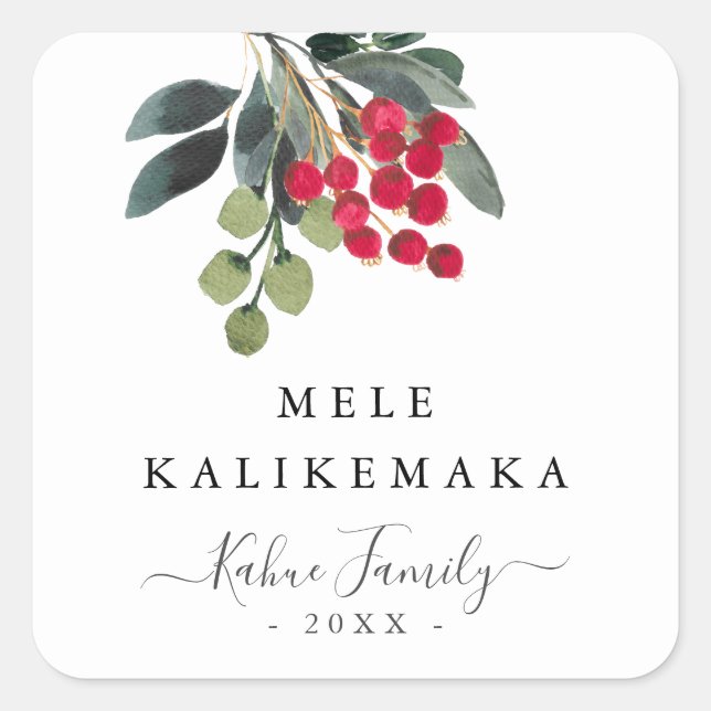 Holiday Berries Mele Kalikemaka Script Custom Text Square Sticker (Front)