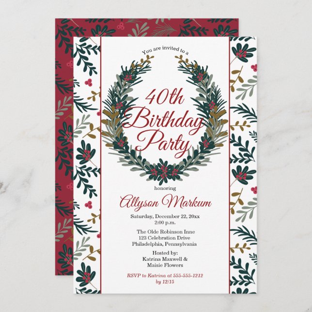 Holiday Berries | Pine Wreath 40th Birthday Party Invitation (Front/Back)