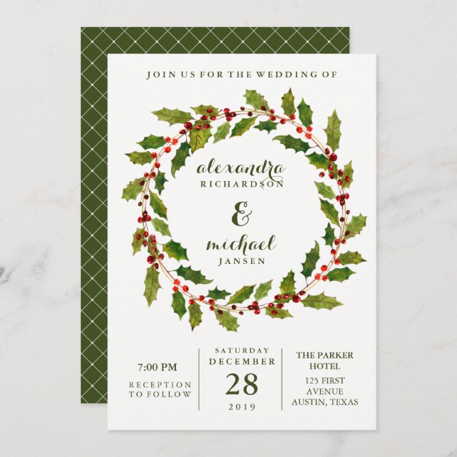 Holiday Berries | Watercolor Wreath Wedding Invitation (Front/Back)