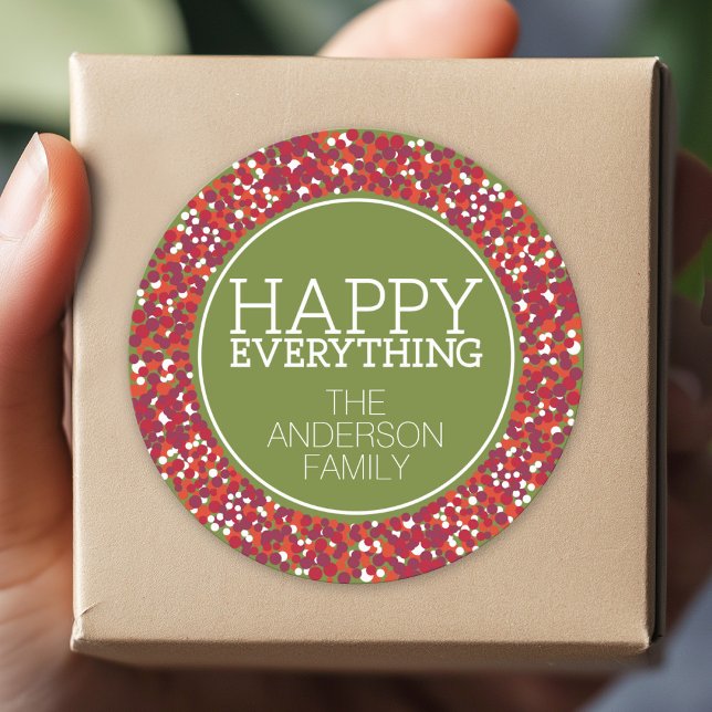 Holiday Berry Wreath with Happy Everything Classic Round Sticker (Custom Sticker for Party Favors and Envelopes)