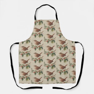 Holiday Bird Wren on Holly Branch Christmas Nature Apron