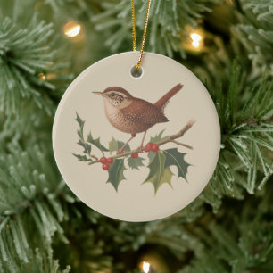 Holiday Bird Wren on Holly Branch Christmas Nature Ceramic Ornament