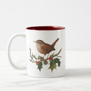 Holiday Bird Wren on Holly Branch Christmas Nature Two-Tone Coffee Mug