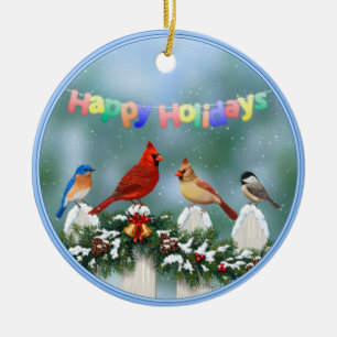 Holiday Birds & Christmas Garland Ceramic Ornament