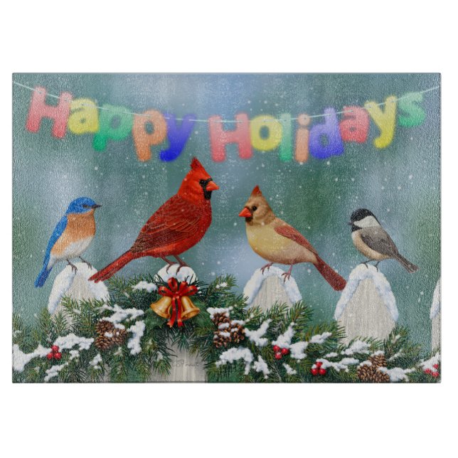 Holiday Birds & Christmas Garland Cutting Board (Front)