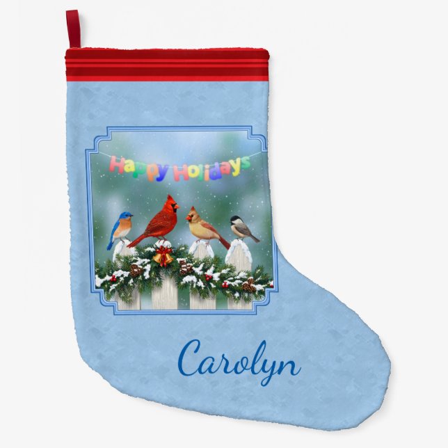 Holiday Birds & Christmas Garland Large Christmas Stocking (Front)