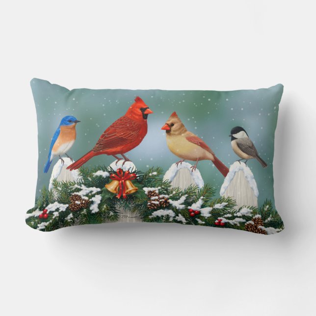 Holiday Birds & Christmas Garland Lumbar Cushion (Front)