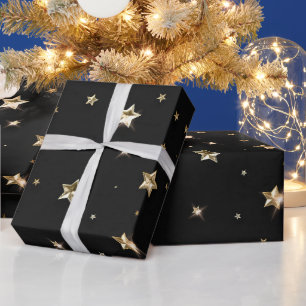 Holiday Black and Gold Faux Metal Christmas Stars Wrapping Paper